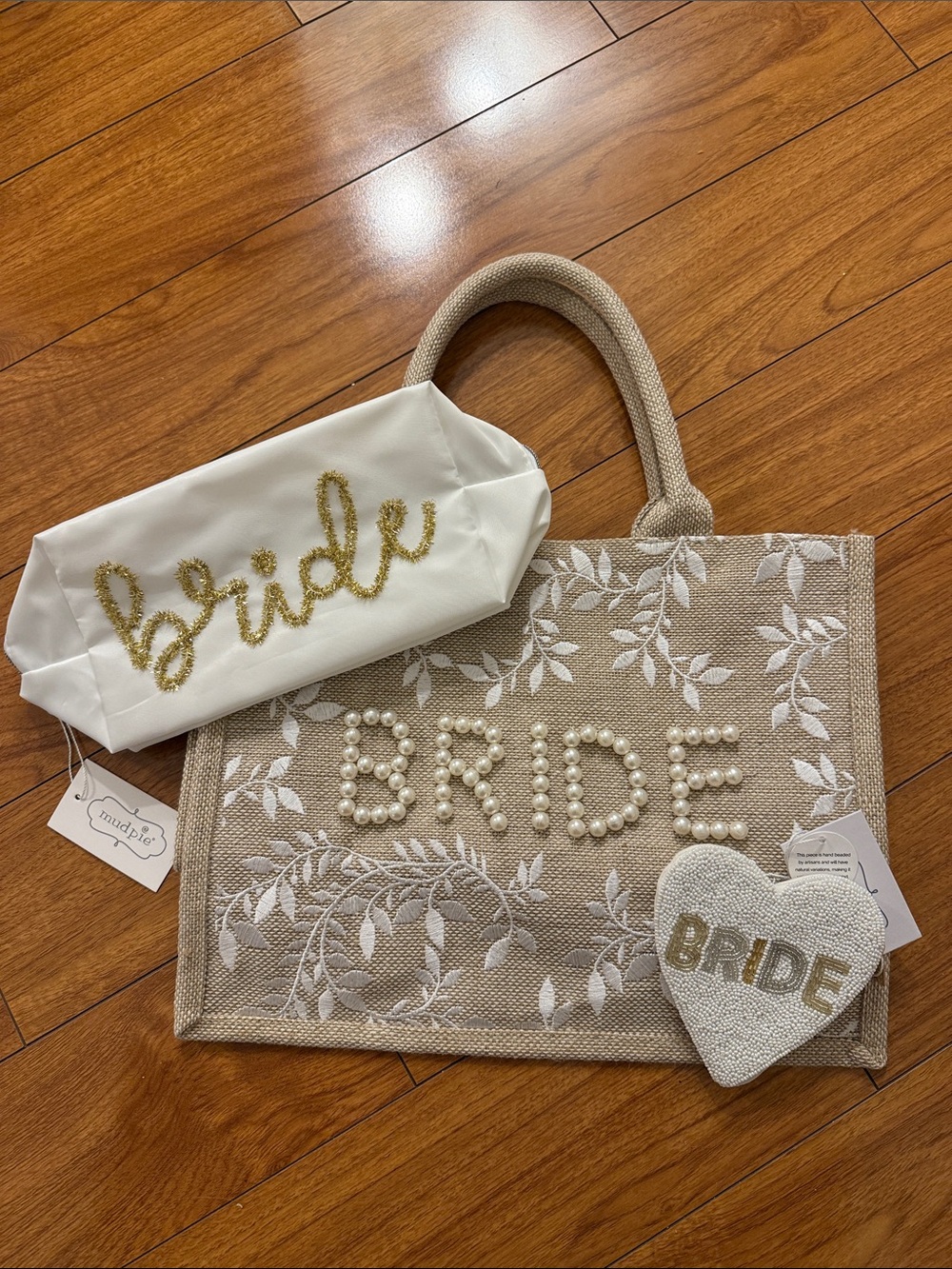 Bride Pearl Accent Natural Tote Bag with White Accessories